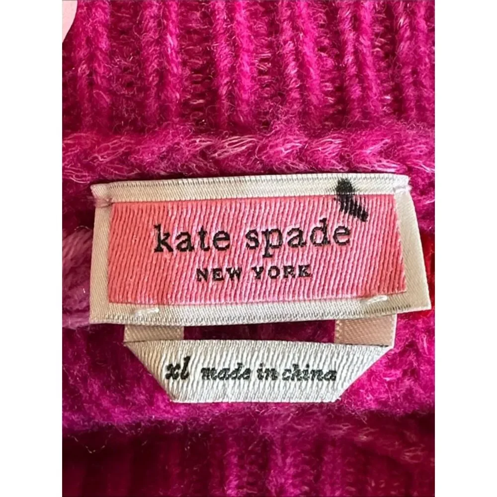 Kate Spade New York Magenta Wool Knit Bow Sweater Womens XL Puff Sleeve Pink
